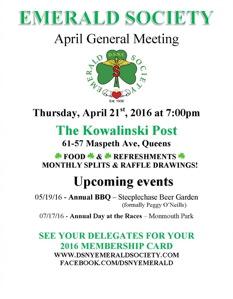 DSNY Emerald Society Monthly Meeting @ The Kowalinski Post  | New York | United States