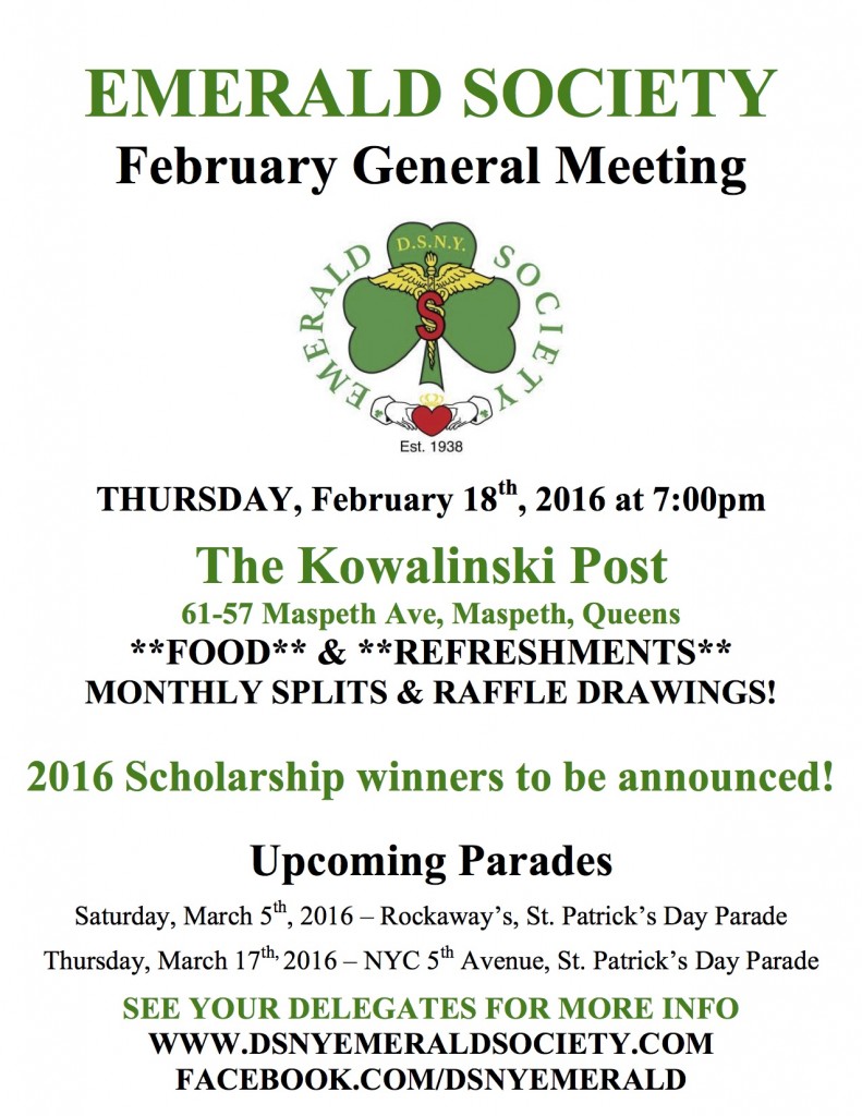 DSNY Emerald Society Monthly Meeting Thursday, February 18th, at 7PM. @ The Kowalinski Post  | New York | United States