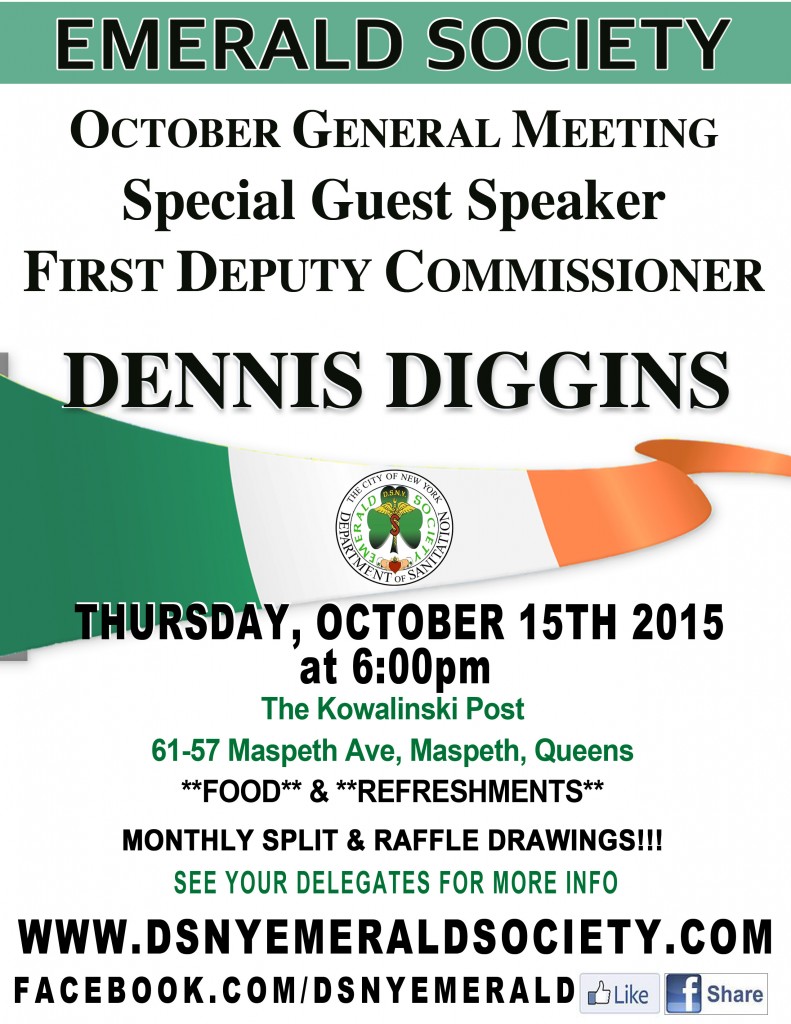DSNY Emerald Society Monthly Meeting Thursday, October 15th, at 6PM. @ The Kowalinski Post  | New York | United States